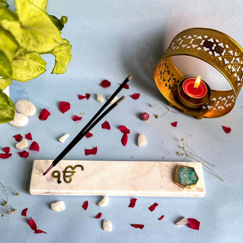 Ik Onkar Marble Incense Holder With Agate Plating - Green media 3