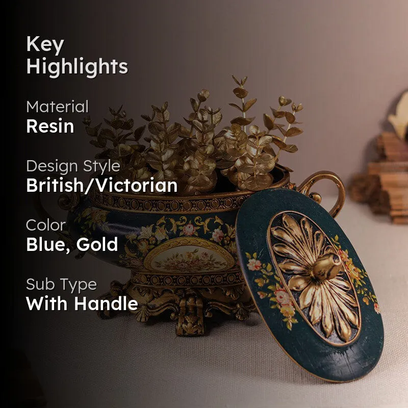 Close view of the blue and gold storage box with its lid and floral details
