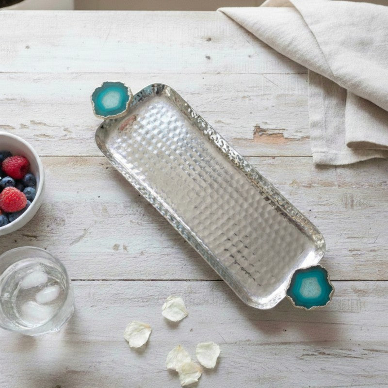 Aurora Edge Hammered (Metal,Agate) Rectangle Platter - Silver & Blue media 3