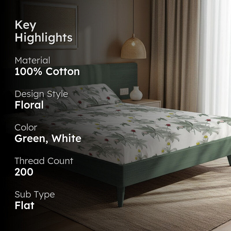 Emerald Blossom Floral Cotton Bedsheets (Green & White) - 200 TC media 2