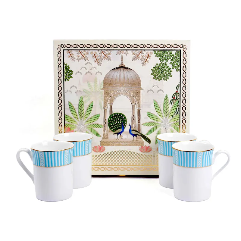 Stripe Classic 24k Gold Brushed Porcelain Coffee Mug (Blue/300 mL Each) - Set Of Four media 6