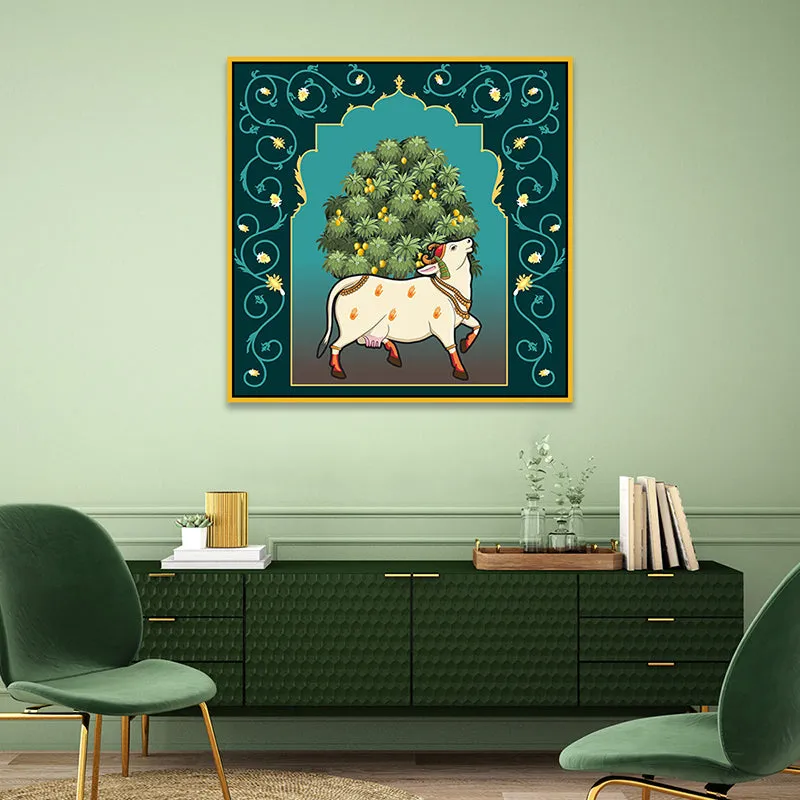 Cow In Grove Canvas Wall Painting With Frame - Gold media 4