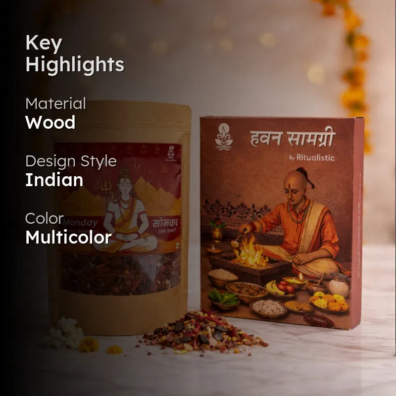 Somwar Hawan Samagri pouch and havan box in a decorated prayer setting