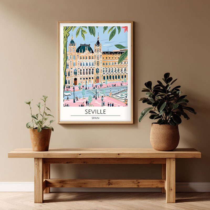 Vintage Seville Framed Canvas Archival Canvas Wall Painting - Natural Brown Frame