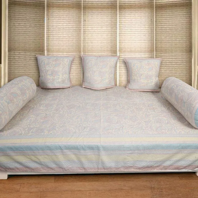 Viya Flora Cotton Diwan Set (Blue,Yellow) - Six Piece Set media 1