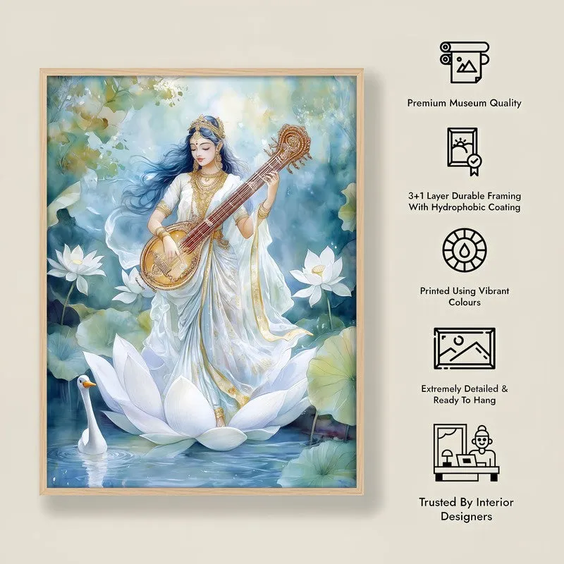 Veena Vaadhini Spiritual Archival Paper Wall Painting - Natural Brown Frame media 8