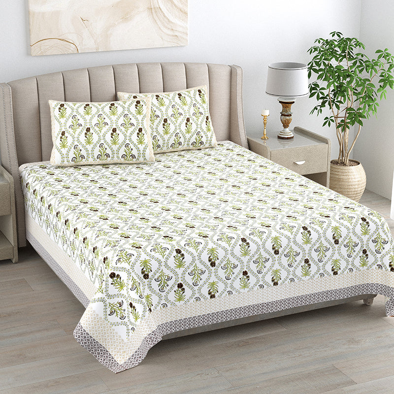 Ethnik Blooms Cotton Bedsheet (Soft Green) - 144 TC