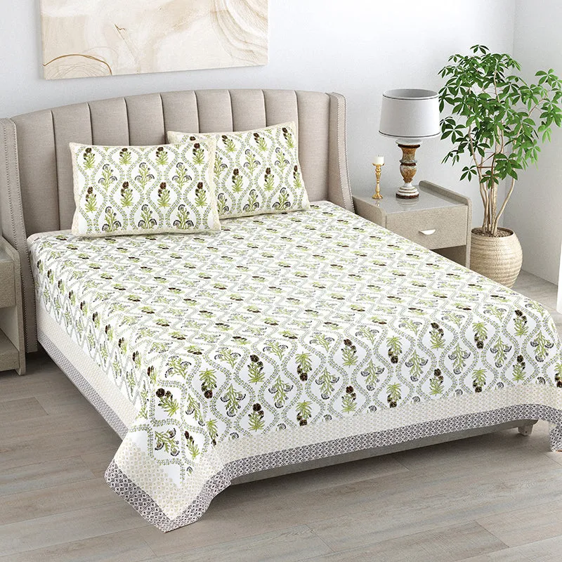 Ethnik Blooms Cotton Bedsheet (Soft Green) - 144 TC media 1