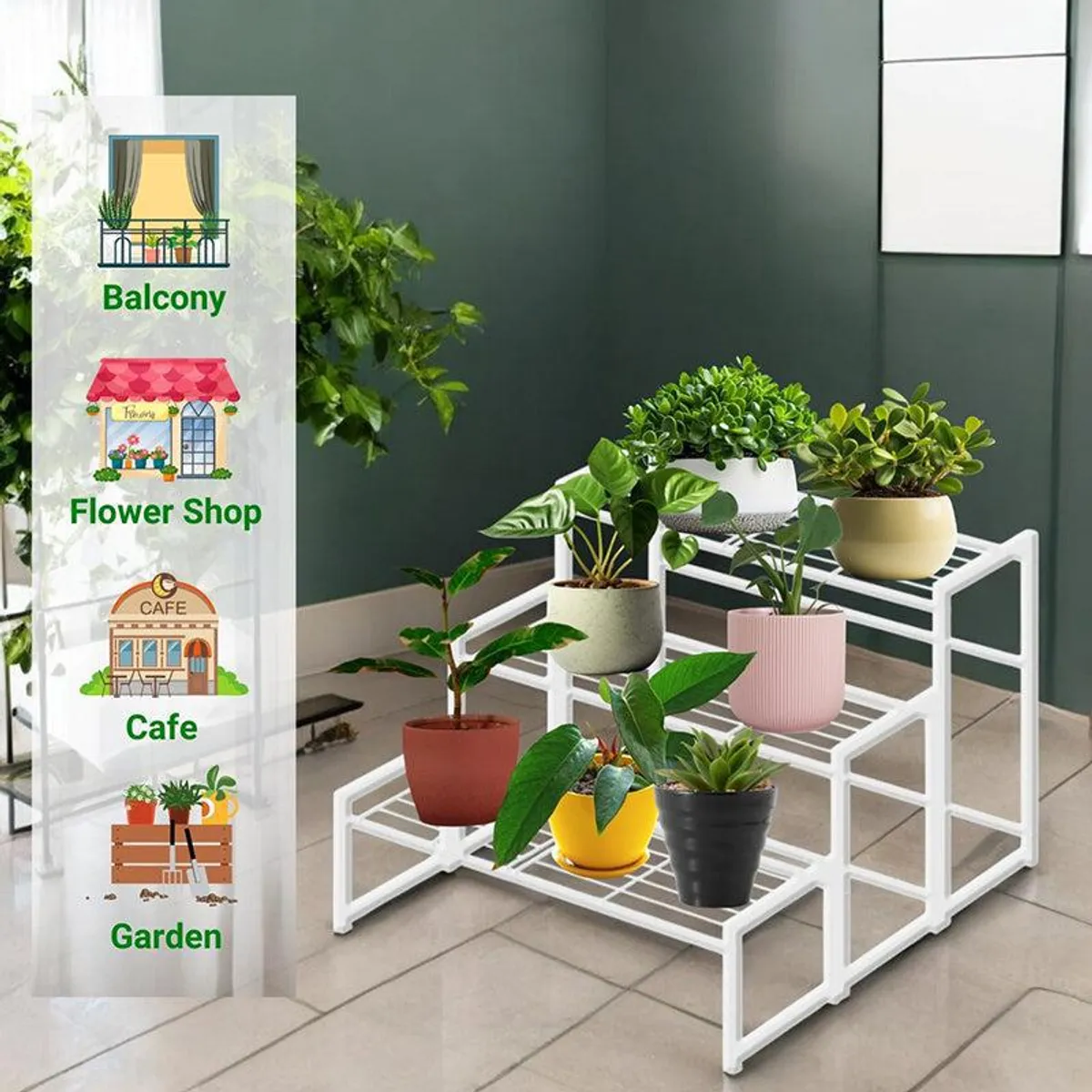 White three-tier planter stand holding assorted plants in a bright indoor setting