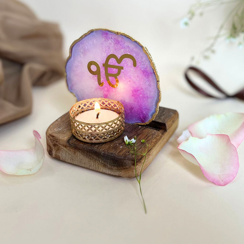Ik Onkar Handcrafted Agate Religious Accent With Tealight Candle Holder - Pink media 4