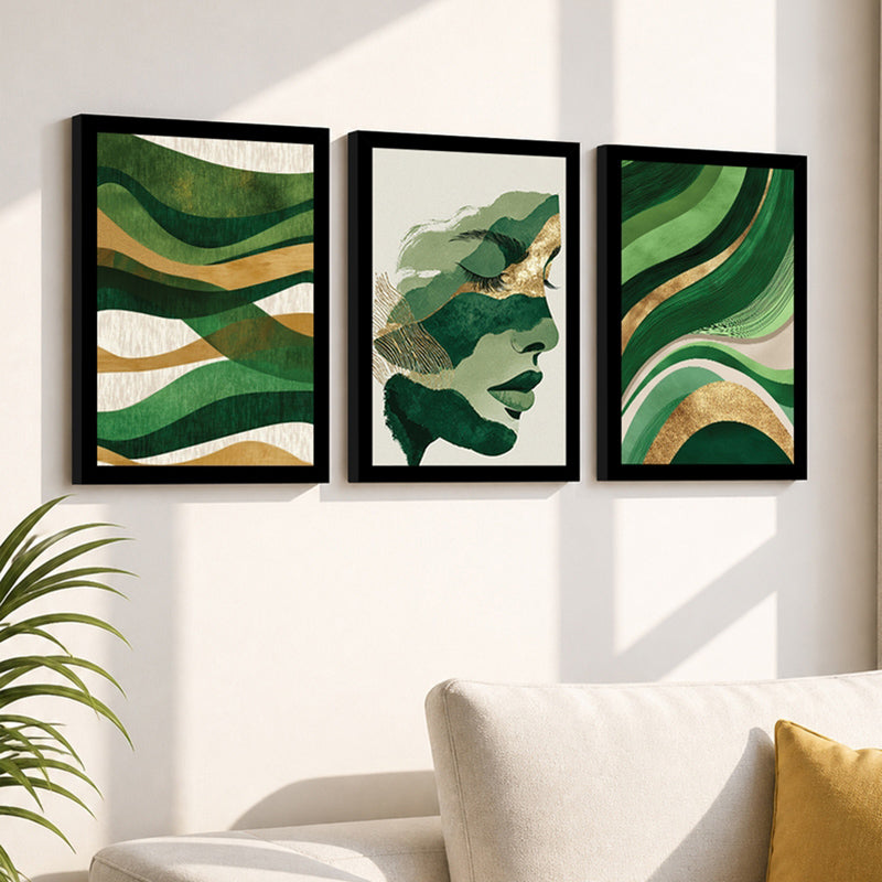 Emerald Flow Abstract face Wall Art - Set Of Three