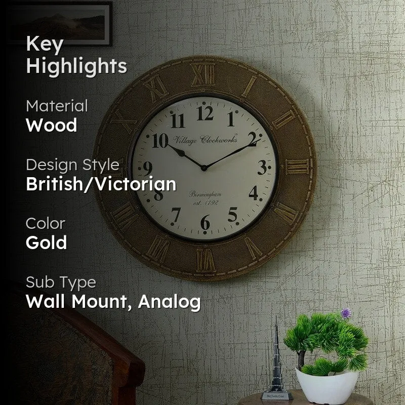 Brass Fitted Round Design Wood Wall Clock media 2