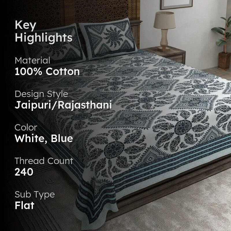 Loomix Cotton Bedsheet (White,Blue) - 240 TC media 2