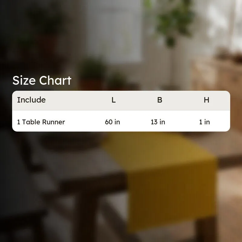 Yellow table runner shown in a dining table size chart graphic.