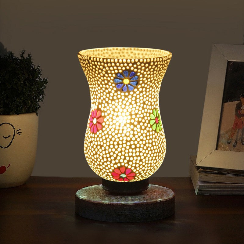 Aurashi Mosaic Glass Table Lamp With Wooden Base - Multicolor
