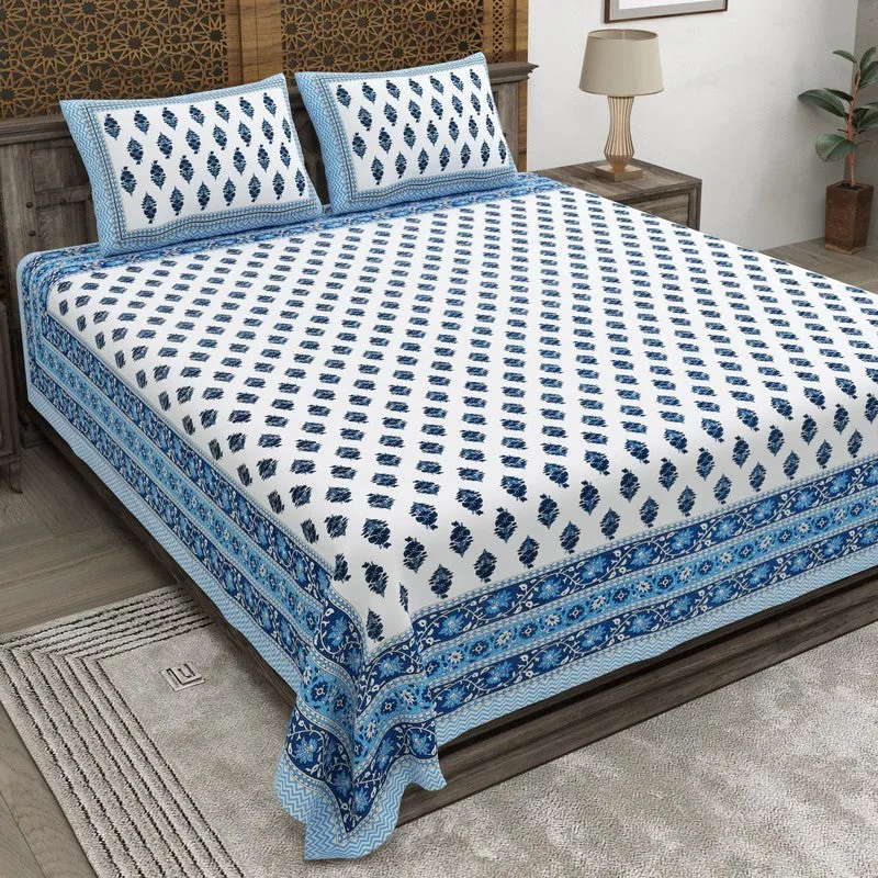 Bloomza Cotton Bedsheet (Blue,White) - 240 TC media 1