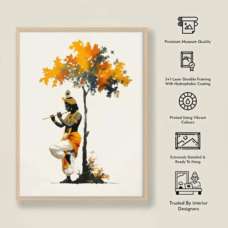 Lord Shyamsundar Krishna Playing Fluit Archival Paper Wall Art - Natural Brown Frame media 8