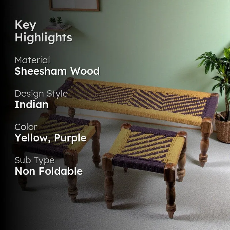 Calon Sheesham Wooden Bench with Stools (Yellow,Purple) - Three Piece Set media 2