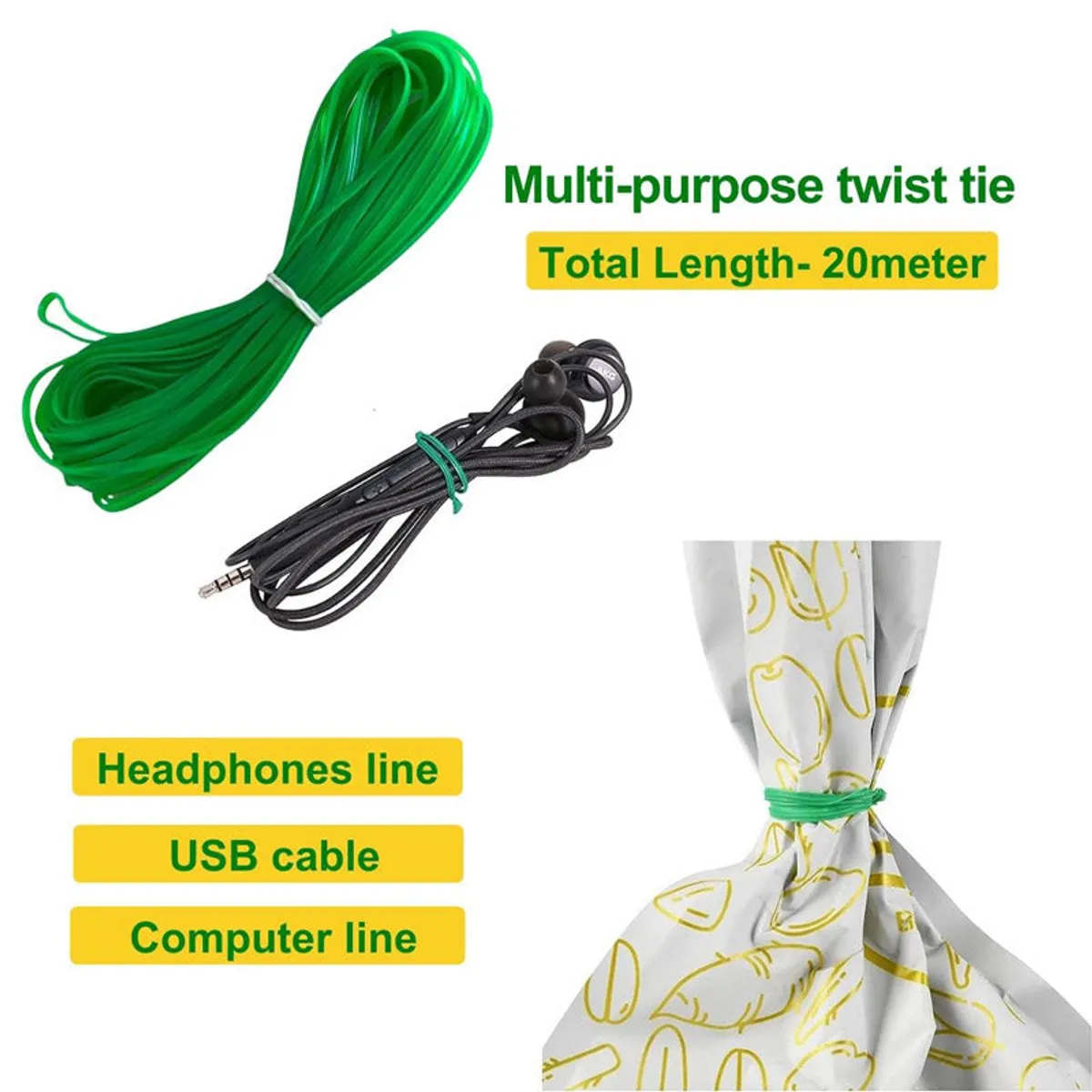 Green twist tie shown with cables and a gathered curtain