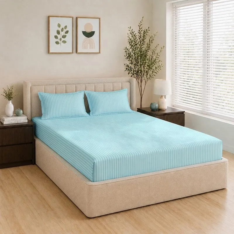 StripeScape Glace Cotton Fitted Bedsheet (Sky Blue) - 130 GSM - 3
