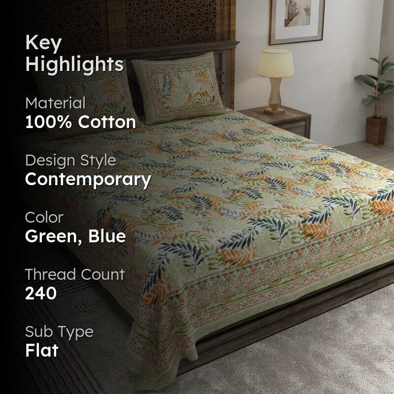 Loomio Cotton Bedsheet (Green,Blue) - 240 TC media 2