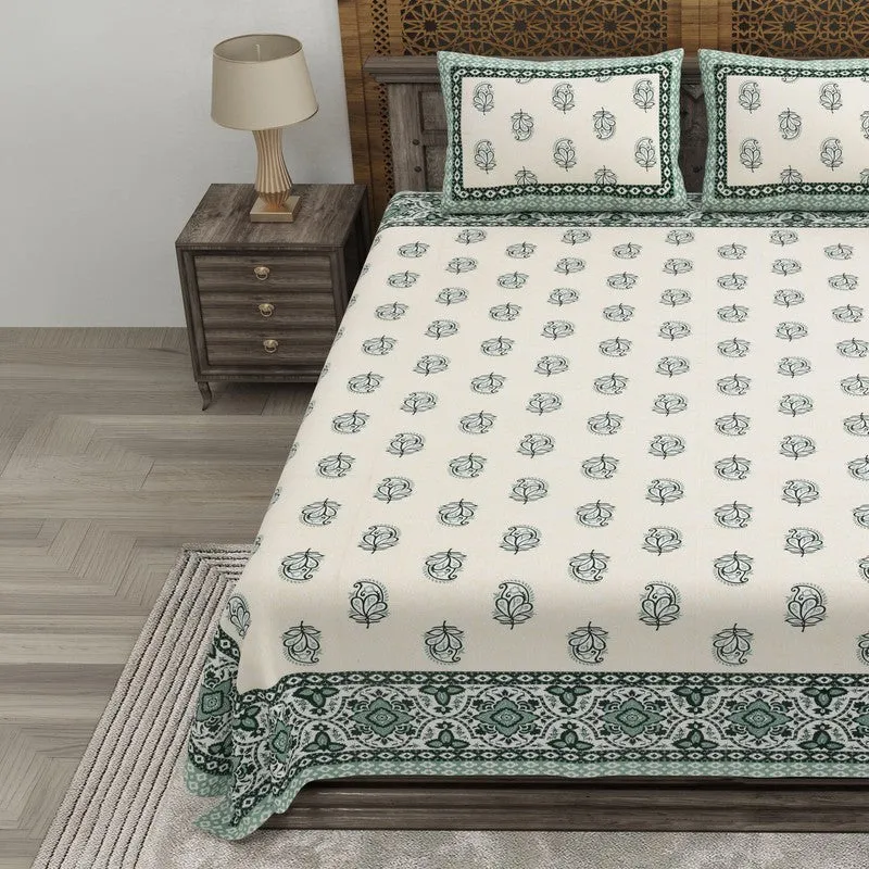 Bloomly Cotton Bedsheet (Off White,Green) - 240 TC media 3
