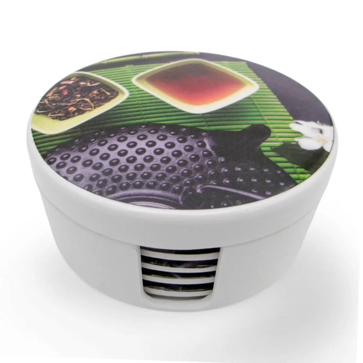 White round coaster holder with lid closed, shown from the front