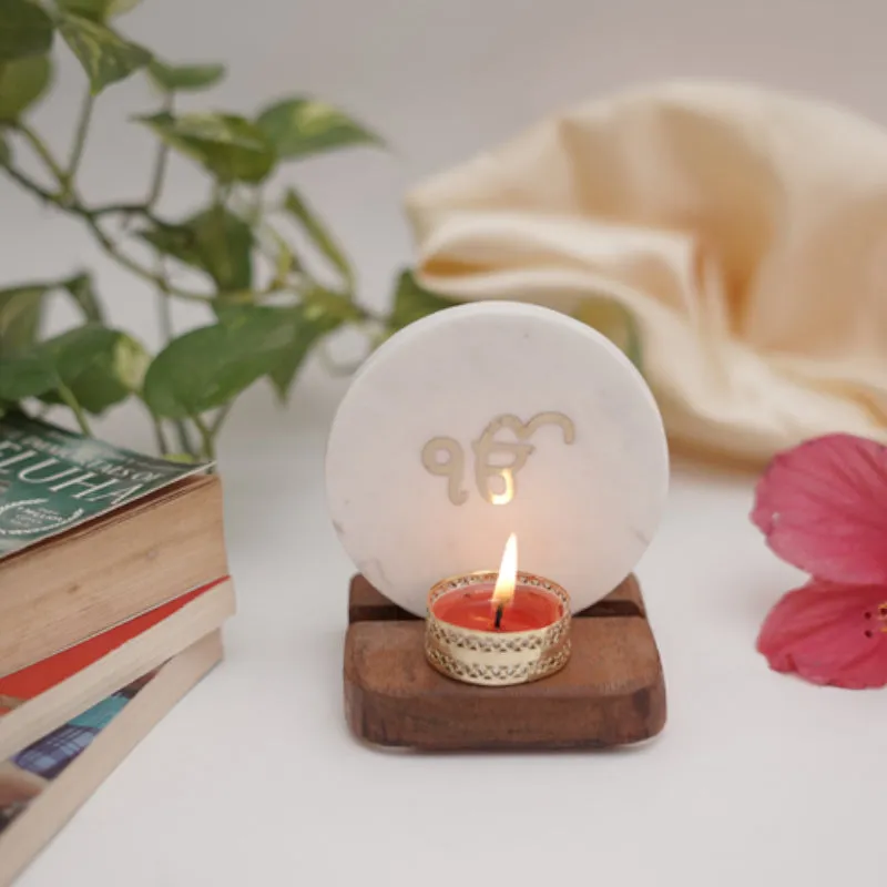 Ik Onkar Marble Religious Accent With Tealight Candle Holder media 4