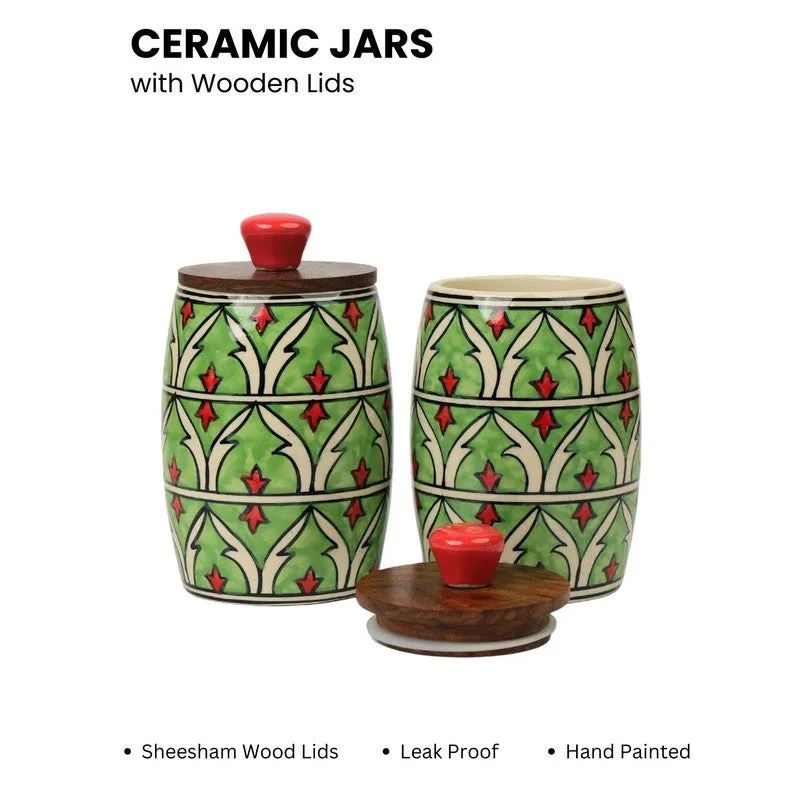 Handcrafted Ceramic Jar (Green, 550 mL Each) - Set Of Two media 4
