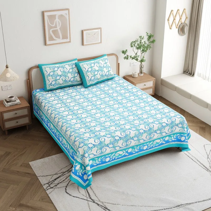 Mango Muse Cotton Bedsheet (White,Sky Blue) - 180 GSM media 3