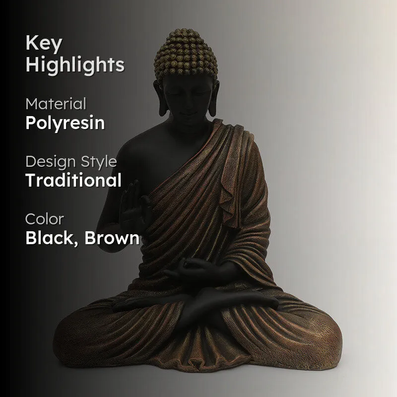 Front view of the Buddha idol with material, style and colour highlights.