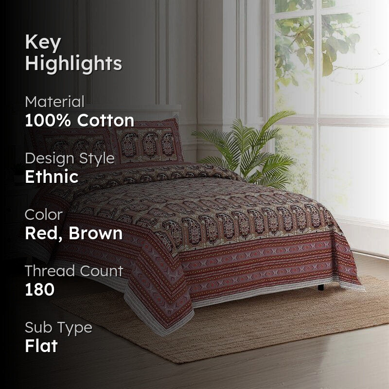 Mikaya Shine Cotton Bedsheet (Red,Brown) - 180 TC media 2