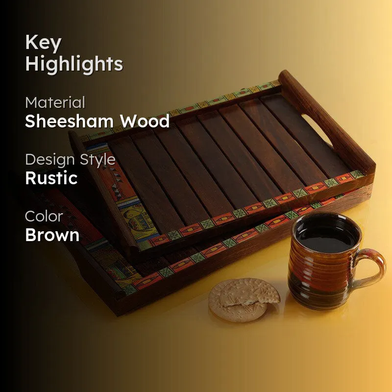 Prakriti Madhubani Handpainted Sheesham Wood Serving Tray - Two Piece Set media 2