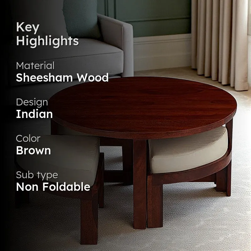 Gravex Sheesham Wooden Center Table with Stools and Cushions (Brown,Red) - Nine Piece Set media 2