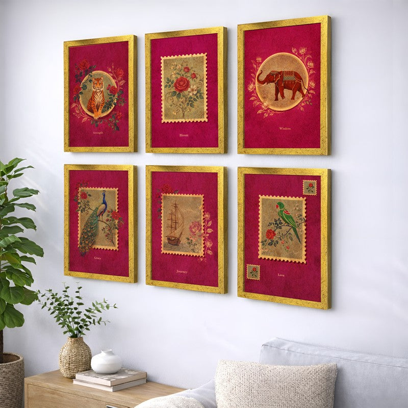 Sultanate Stamps Paper Wall Painting With Frame - Set Of Six media 3