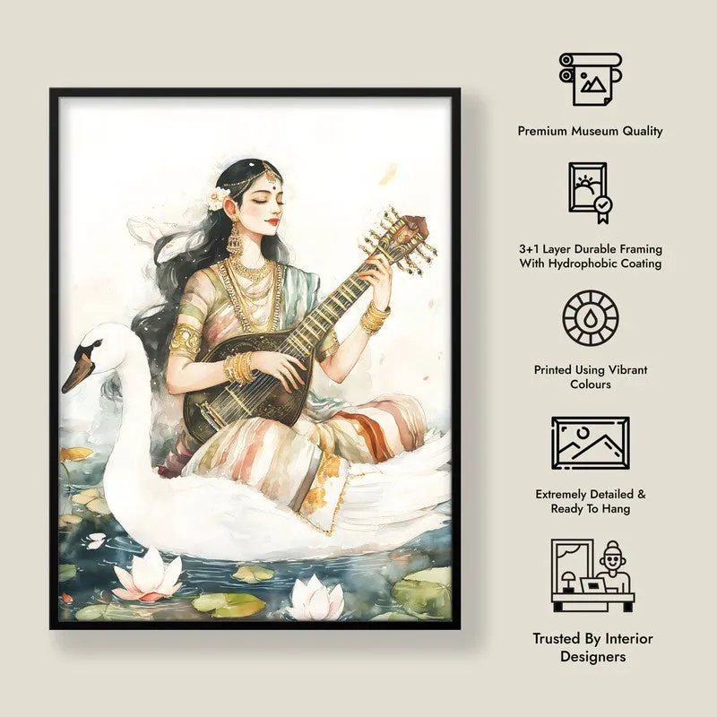 Hamsavahini Saraswati Spiritual Archival Paper Wall Painting With Frame - Black media 8