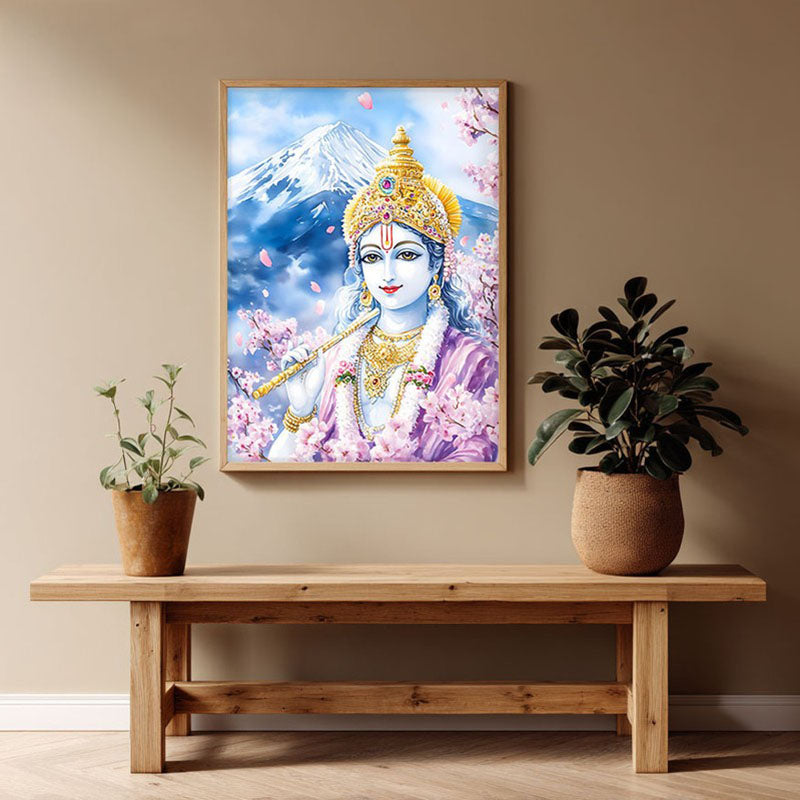Govardhana Giridhari Spiritual Archival Paper Wall Painting - Natural Brown Frame