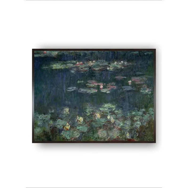 Centered framed waterlilies painting shown against a white background