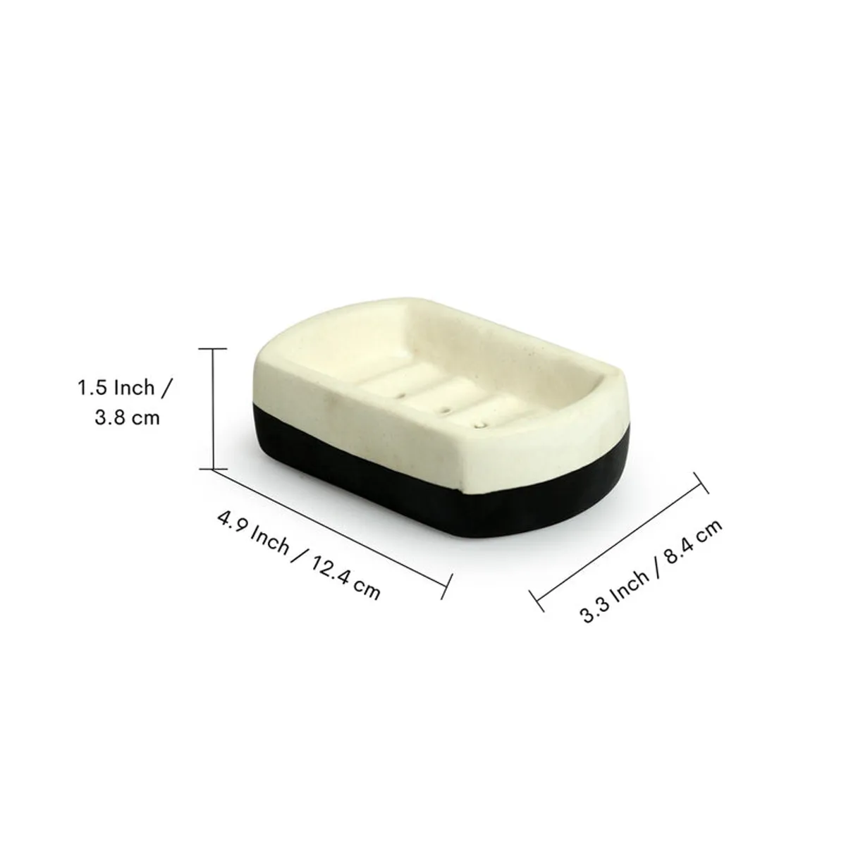 Black-and-white ceramic soap tray shown in a product detail view