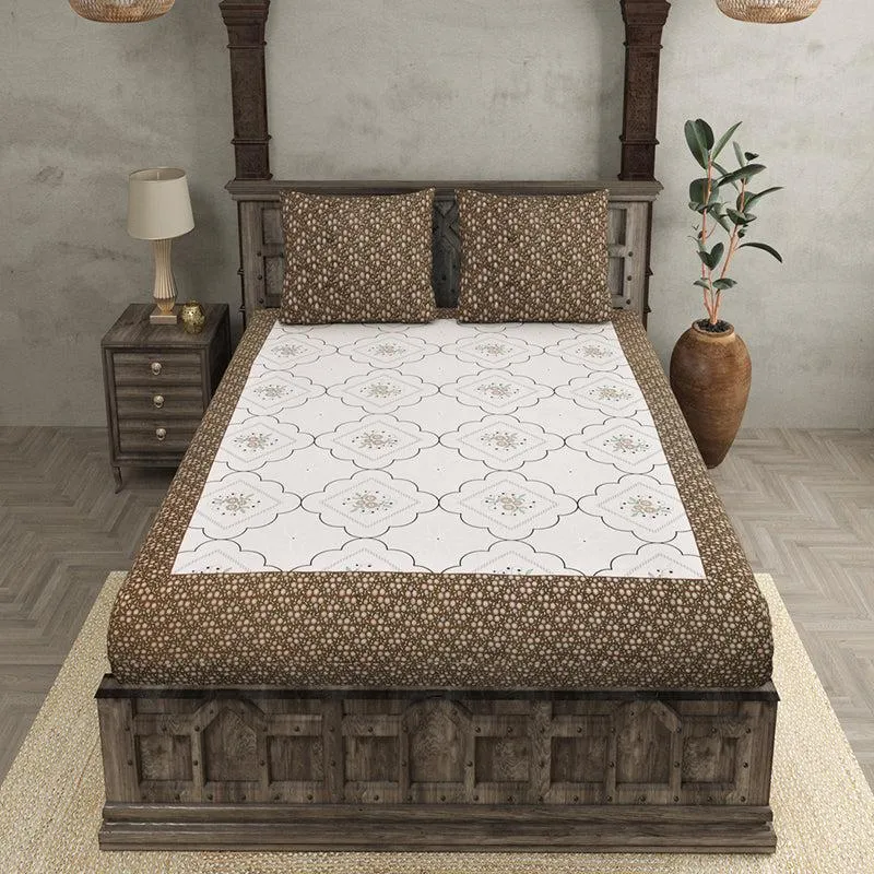 Pinga Ethnic Cotton Bedsheet (White,Brown) - 180 TC media 3
