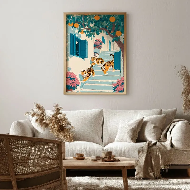 Tiger Cubs Canvas Wall Painting - Brown Frame media 1