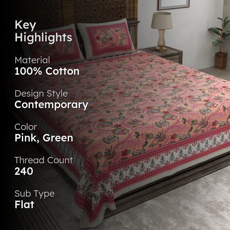 Bloomet Cotton Bedsheet (Pink,Green) - 240 TC media 2