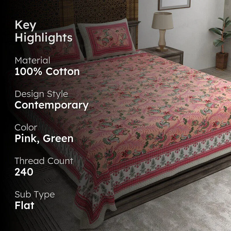 Bloomet Cotton Bedsheet (Pink,Green) - 240 TC media 2
