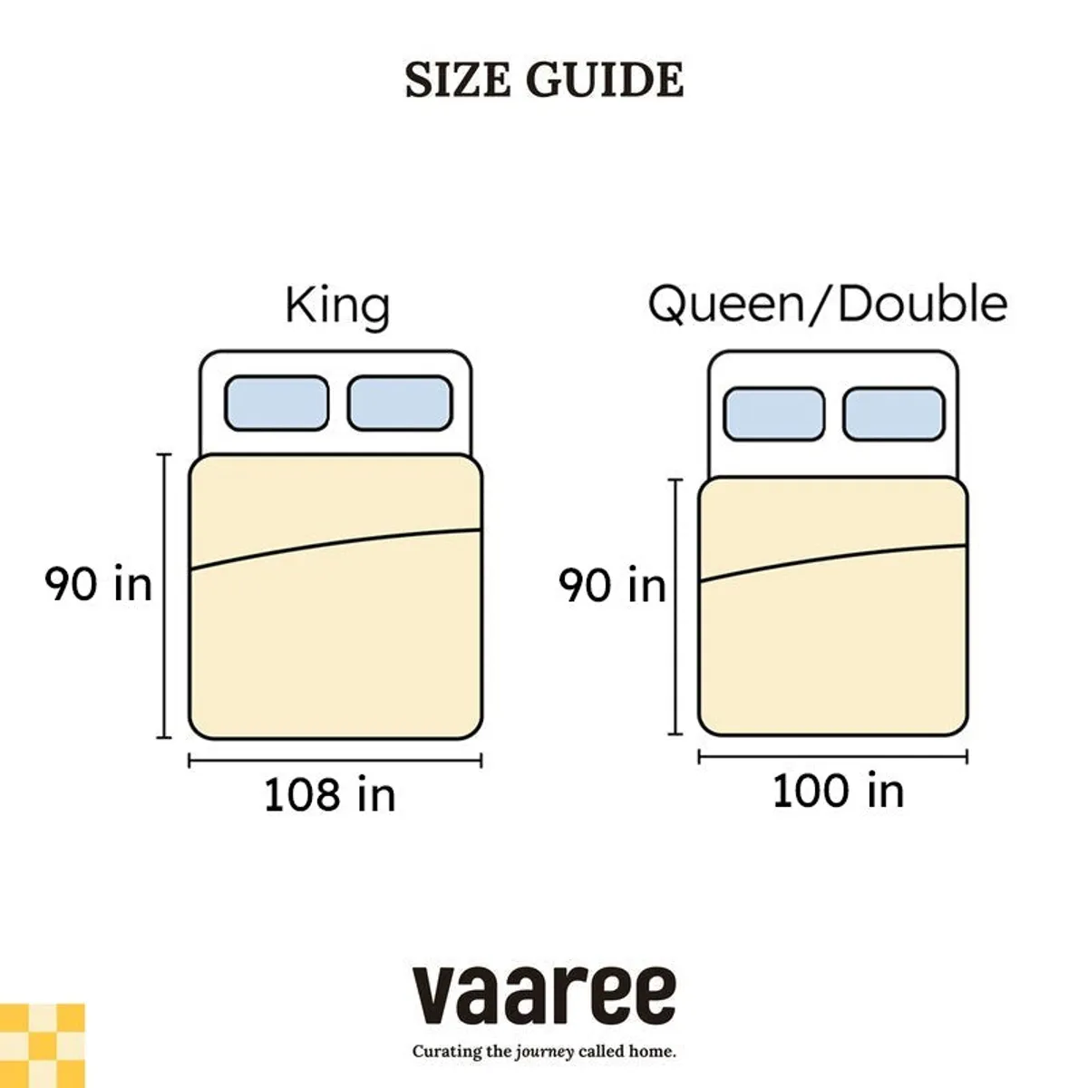 Size guide graphic showing King and Queen/Double bed dimensions