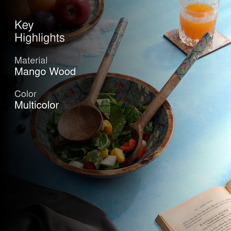 Fleur Jharokha Enamel Coated Mango Wood Salad Bowl With Cutlery (900 mL) - Three Piece Set media 2