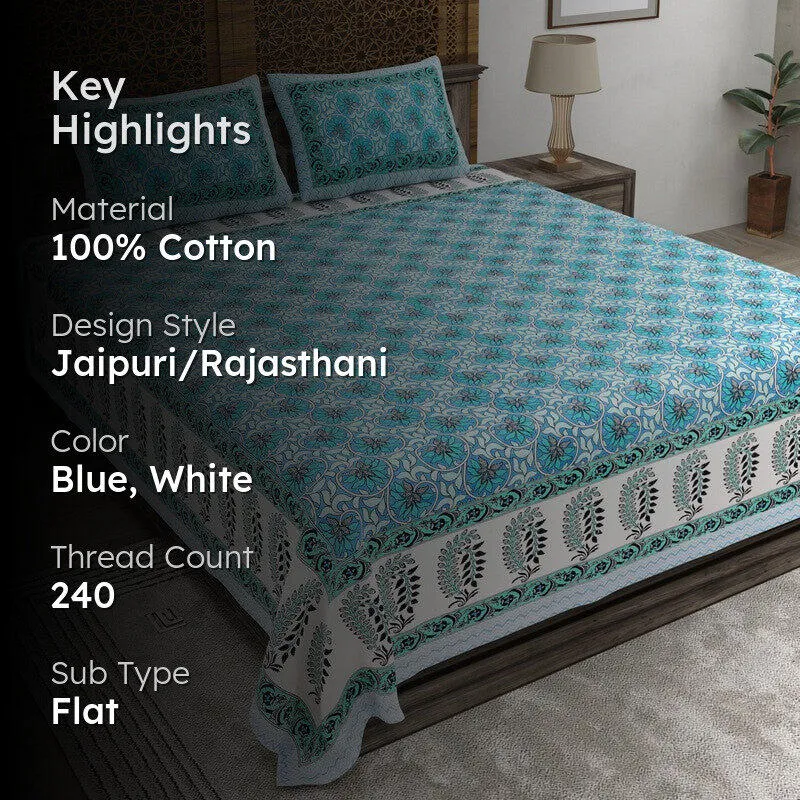 Rangva Cotton Bedsheet (Blue,White) - 240 TC media 2