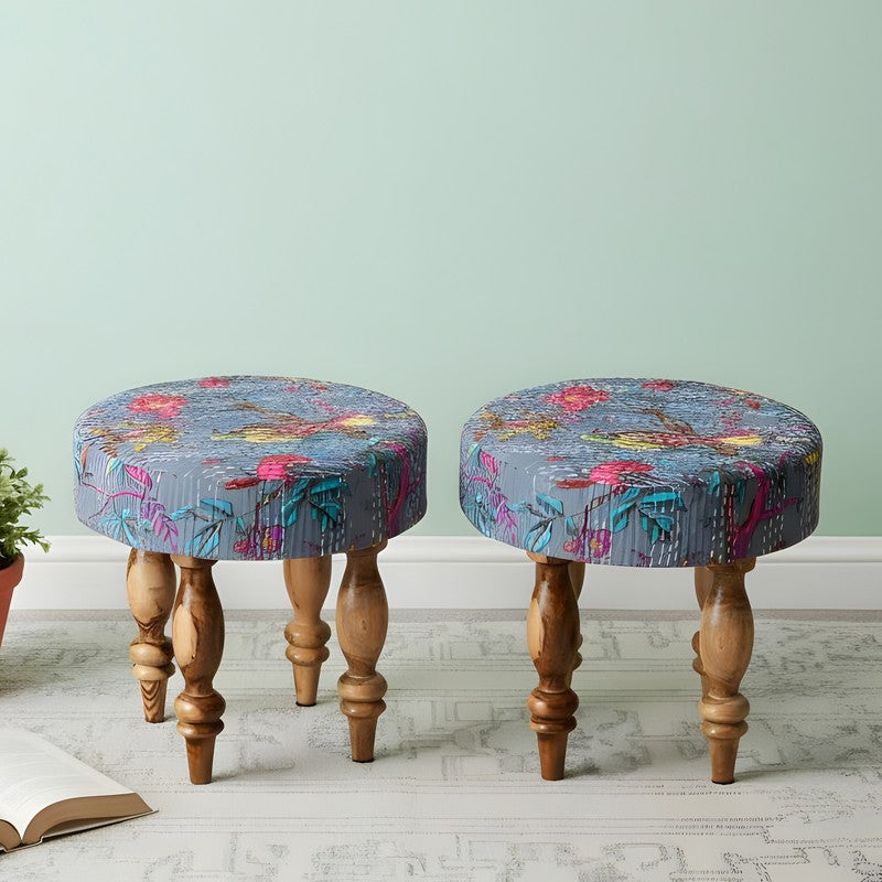 Qexon Sheesham Wooden Stools (Grey) - Set Of Two