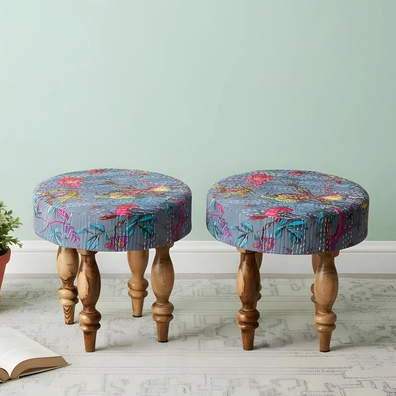Qexon Sheesham Wooden Stools (Grey) - Set Of Two media 1