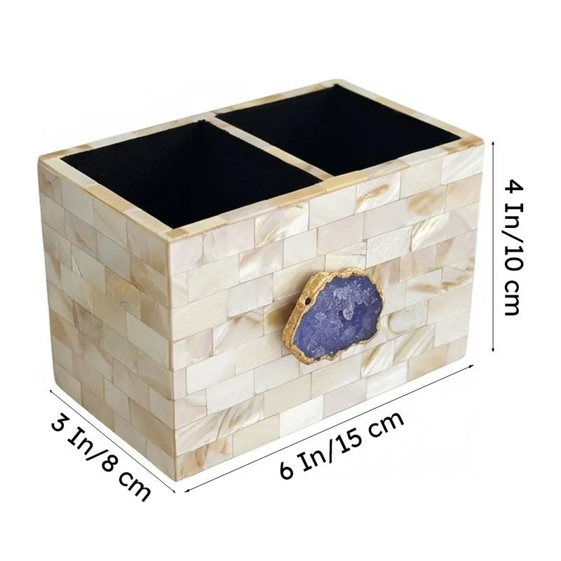 Suzzaine Handcrafted Mother Of Pearl & Agate Cutlery Holder - Dark Blue & Beige media 6