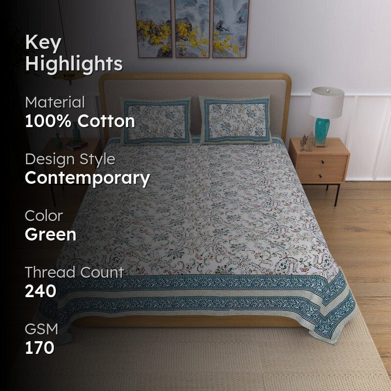 Weavon Floral Cotton Bedsheet (Blue & White) - 240 TC media 2